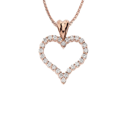 14K Rose Gold Diamond Studded Open Heart Pendant Necklace (0.8")