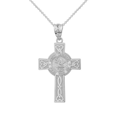 Solid White Gold Saint Michael Pray For Us Celtic Cross Pendant Necklace