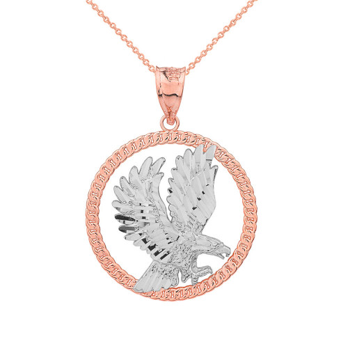 Solid Two Tone Rose Gold Rope Frame Diamond Cut American Eagle Circle Pendant Necklace