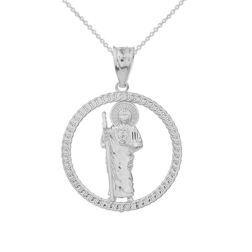 Sterling Silver Rope Frame Diamond Cut Saint Jude Circle Pendant Necklace