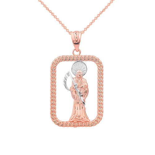 Solid Two Tone Rose Gold Rope Frame Diamond Cut Santa Muerte Rectangle Pendant Necklace