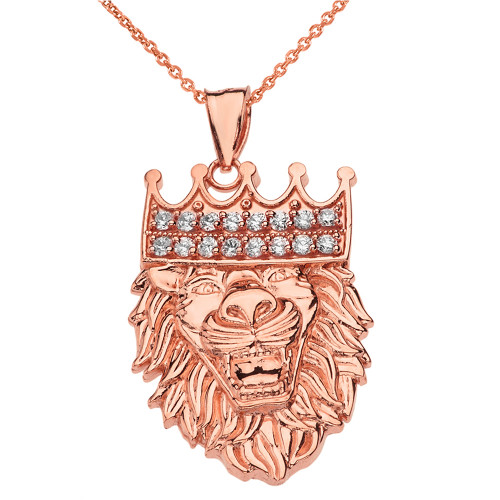 Solid Rose Gold Double Sided Text Embossed Cubic Zirconia Lion King Pendant Necklace