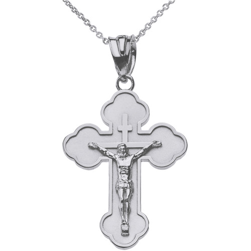 Sterling Silver Double Sided Eastern Orthodox Russian Crucifix Pendant Necklace (Large)