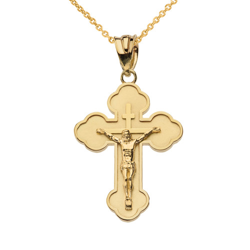 Solid Yellow Gold Double Sided Eastern Orthodox Russian Crucifix Pendant Necklace (Small)