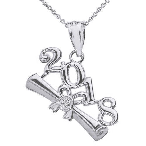 Solid White  Gold Diamond  Class of 2018  Diploma Pendant Necklace