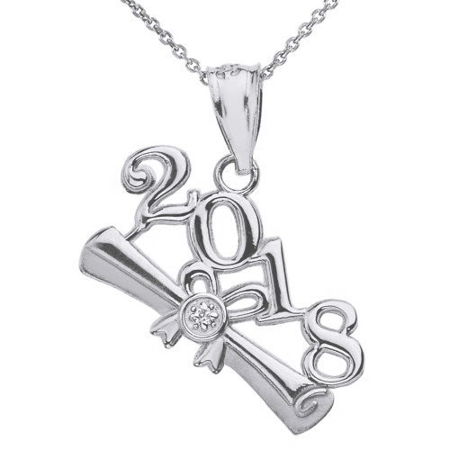 Sterling Silver Cubic Zirconia Class of 2018  Diploma Pendant Necklace