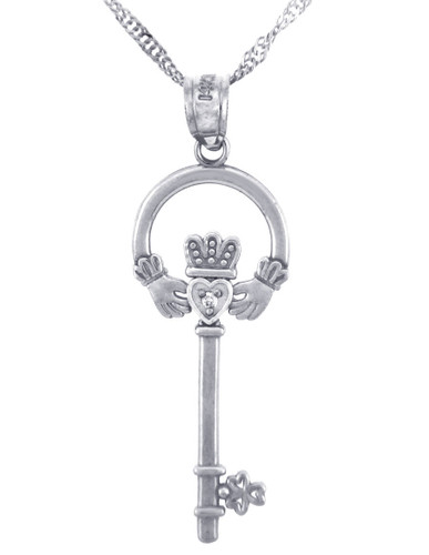 Silver Claddagh Key Pendant with Cubic Zirconia (w Chain)