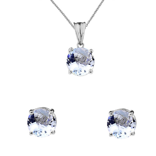 10K White Gold March Birthstone Aquamarine (LCAQ) Pendant Necklace & Earring Set