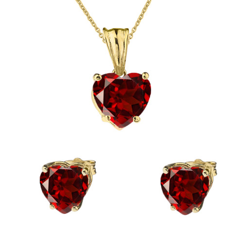 10K Yellow Gold Heart January Birthstone Garnet (LCG) Pendant Necklace & Earring Set