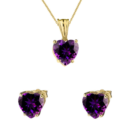 10K Yellow Gold Heart February Birthstone Amethyst (LCAM) Pendant Necklace & Earring Set