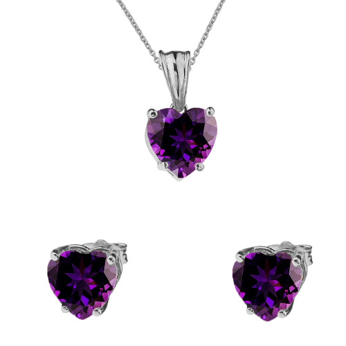 10K White Gold Heart February Birthstone Amethyst (LCAM) Pendant Necklace & Earring Set