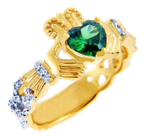 Gold Diamond Claddagh Ring 0.40 Carats with Emerald Colored Stone