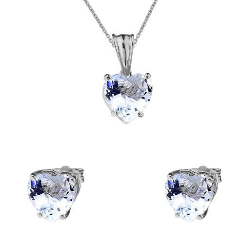 10K White Gold Heart March Birthstone Aquamarine (LCAQ) Pendant Necklace & Earring Set