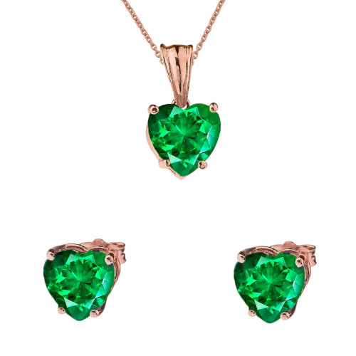 10K Rose Gold Heart May Birthstone Emerald  (LCE) Pendant Necklace & Earring Set