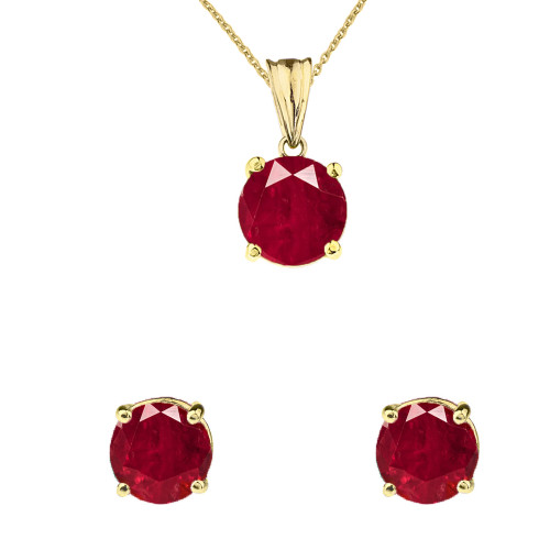 10K Yellow Gold July Birthstone Ruby (LCR) Pendant Necklace & Earring Set