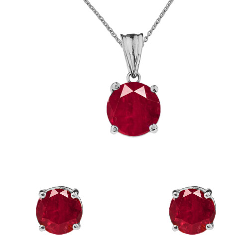 10K White Gold July Birthstone Ruby (LCR) Pendant Necklace & Earring Set