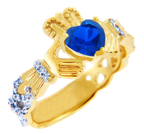 Gold Diamond Claddagh Ring 0.40 Carats with Sapphire Stone