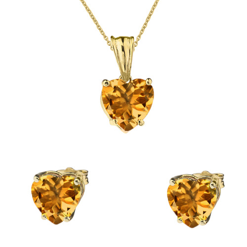 10K Yellow Gold Heart November Birthstone Citrine(LCC) Pendant Necklace & Earring Set