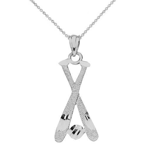 Solid White Gold Diamond Cut Baseball Bats Pendant Necklace