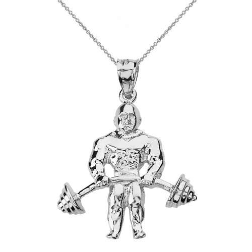 Solid White Gold Weightlifting Fitness Sport Bodybuilder and Barbell Pendant Necklace