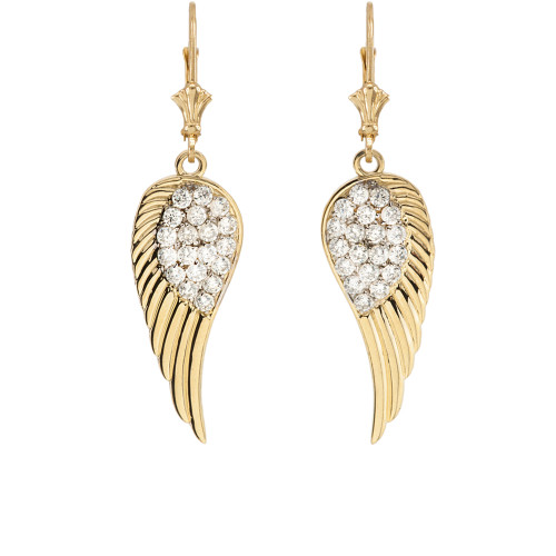 Yellow Gold Diamond  Angel Wings Leverback Earrings