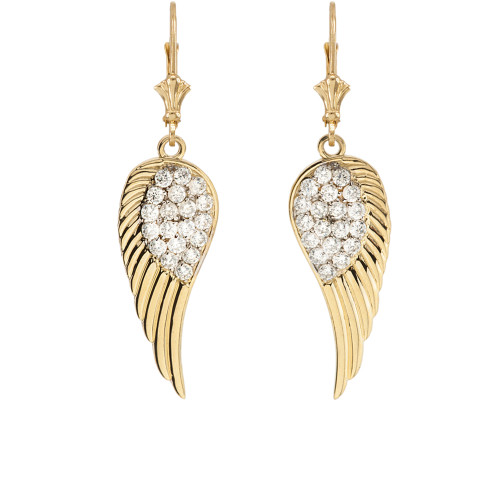 Yellow Gold CZ  Angel Wings Leverback Earrings