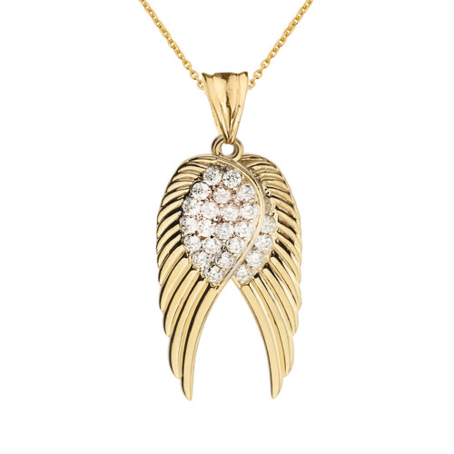 Two  Elegant Yellow Gold Diamond  Angel Wings  Pendant Necklace