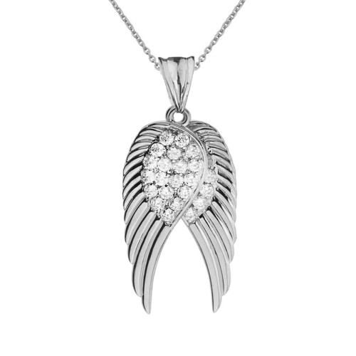 Two  Elegant White  Gold CZ Angel Wings  Pendant Necklace