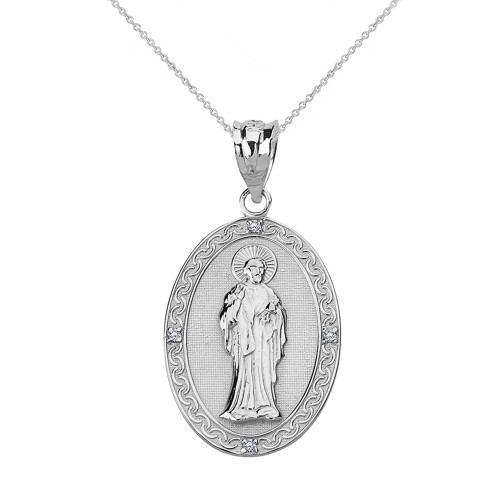 Solid White Gold Diamond Saint Peter Engravable Oval Medallion Pendant Necklace (Small)