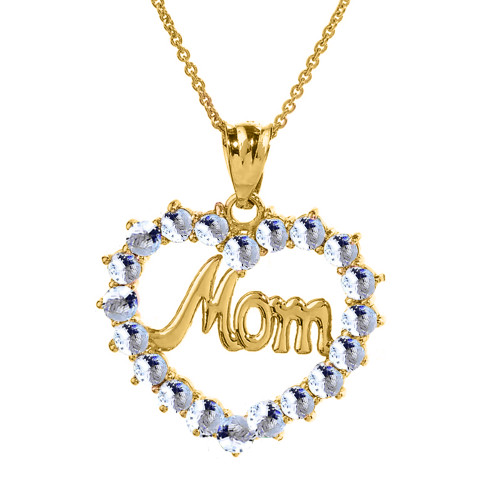 Yellow Gold "Mom" Aquamarine (LCAQ) Open Heart Pendant Necklace