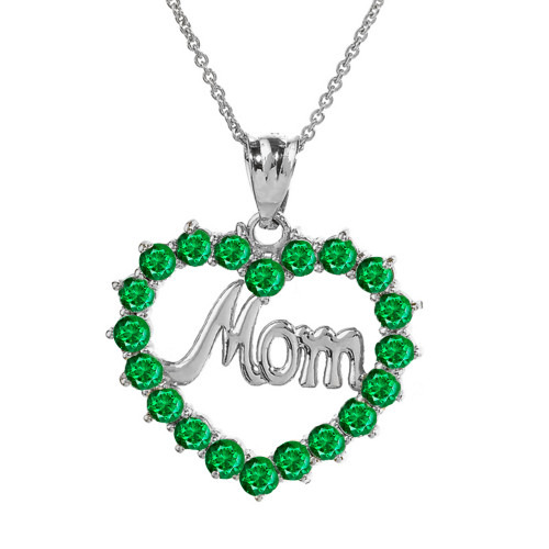 Sterling Silver  "Mom" Emerald (LCEM) in Open Heart Pendant Necklace