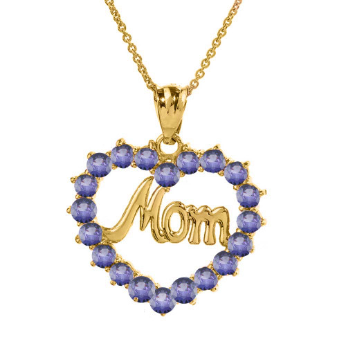 Yellow Gold "Mom" Alexandrite (LCAL) in Open Heart Pendant Necklace