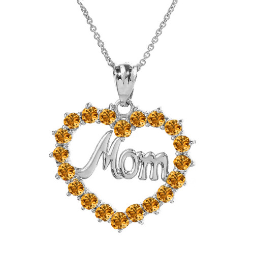 White  Gold "Mom" Citrine (LCC) in Open Heart Pendant Necklace