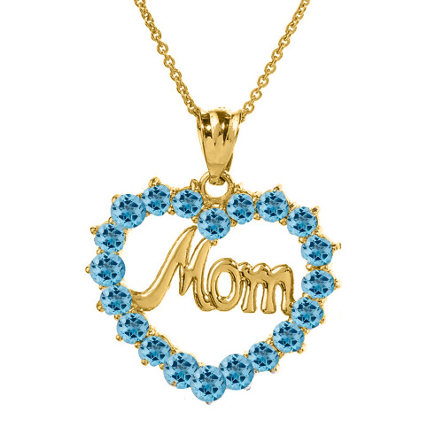 Yellow Gold "Mom" Blue Topaz  (LCBT) in Open Heart Pendant Necklace