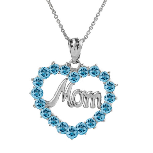 White Gold "Mom" Blue Topaz  (LCBT) in Open Heart Pendant Necklace