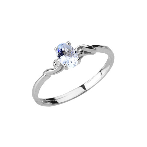 Dainty White Gold Elegant Swirled Genuine Aquamarine Solitaire Ring