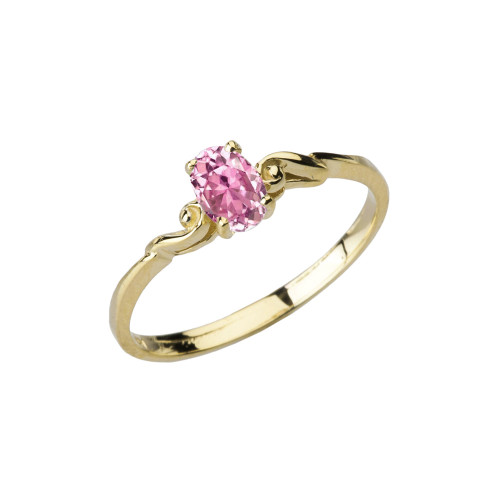 Dainty Yellow Gold Elegant Swirled Pink Cubic Zirconia Solitaire Ring