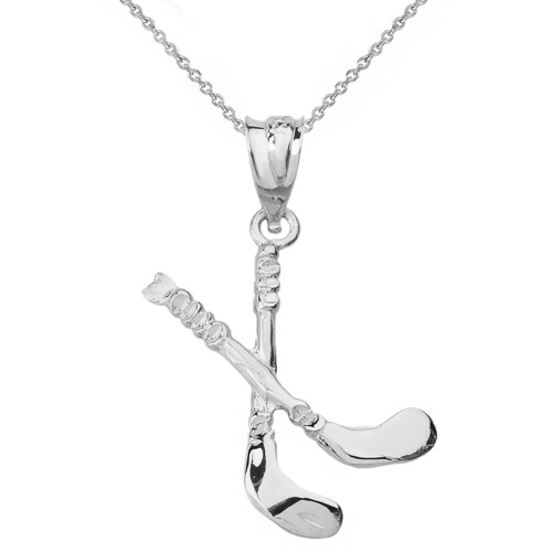 Sterling Silver Hockey Sticks 3D Pendant Necklace