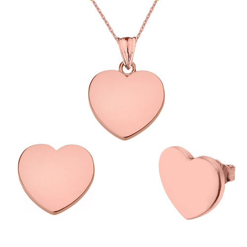 Solid Rose Gold Simple Heart Pendant Necklace Set