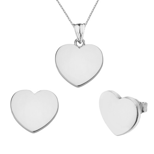 Solid White Gold Simple Heart Pendant Necklace Set