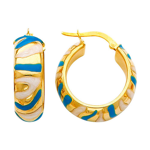 Two Tone Yellow Gold Fancy Hoop Earring Blue and White