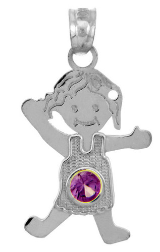 White Gold Baby Charms and Pendants - CZ Amethyst Girl Birthstone Charm