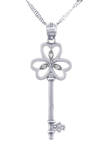 Valentines Special Heart Diamonds - Sterling Silver Key Pendant with Three Hearts Echo (w Chain)