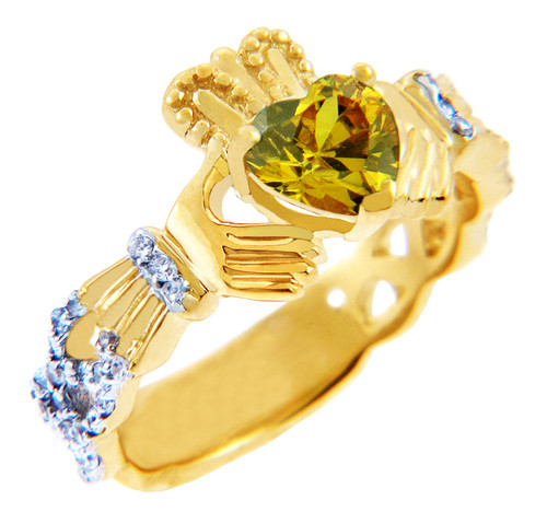 18K Yellow Gold Diamond Claddagh Ring With 0.4 Ct  Citrine