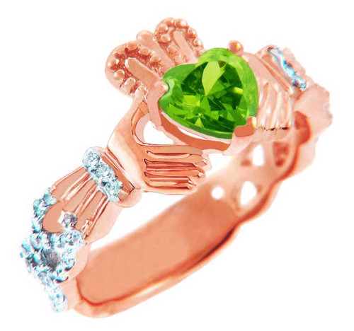 Rose Gold Diamond Claddagh Ring With 0.4 Ct Peridot