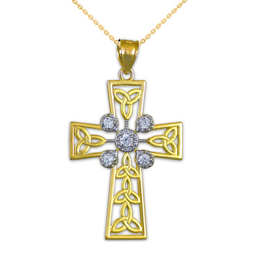 Gold Celtic Cross Trinity Knot Diamond Pendant Necklace