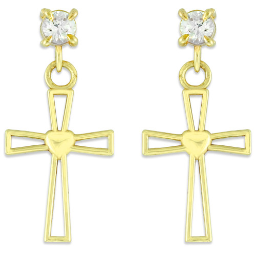 Gold Heart Cross CZ Post Earrings