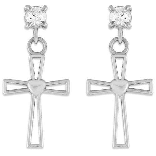 White Gold Heart Cross CZ Post Earrings