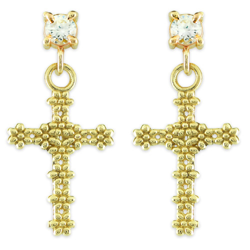 Gold Floral Cross CZ Post Earrings