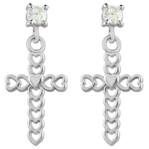 Sterling Silver Open Hearts Cross CZ Post Earrings